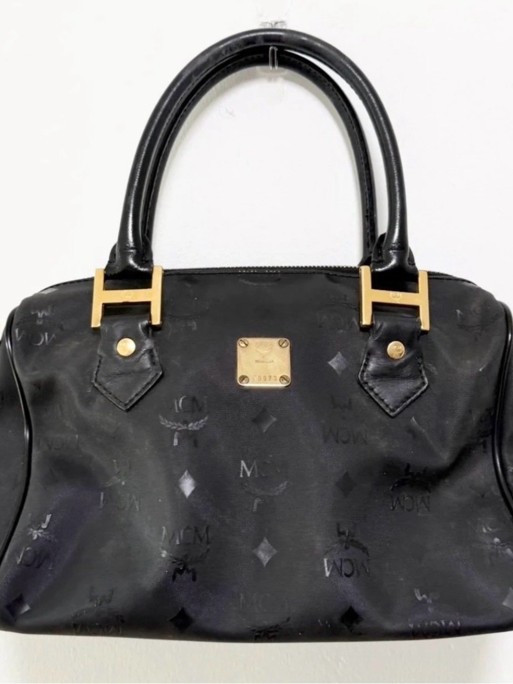 MCM Black Logo Satchel with Gold Plate Hardware